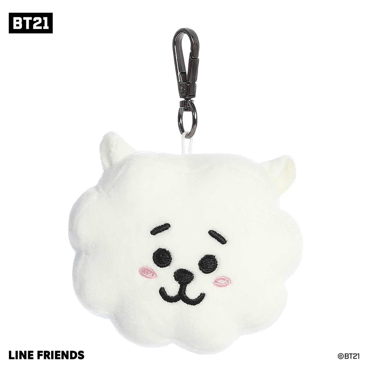 Cute BT21 plush Clip-On with a round white fluffy soft body, smiling face with black accents, and an attached metal hook