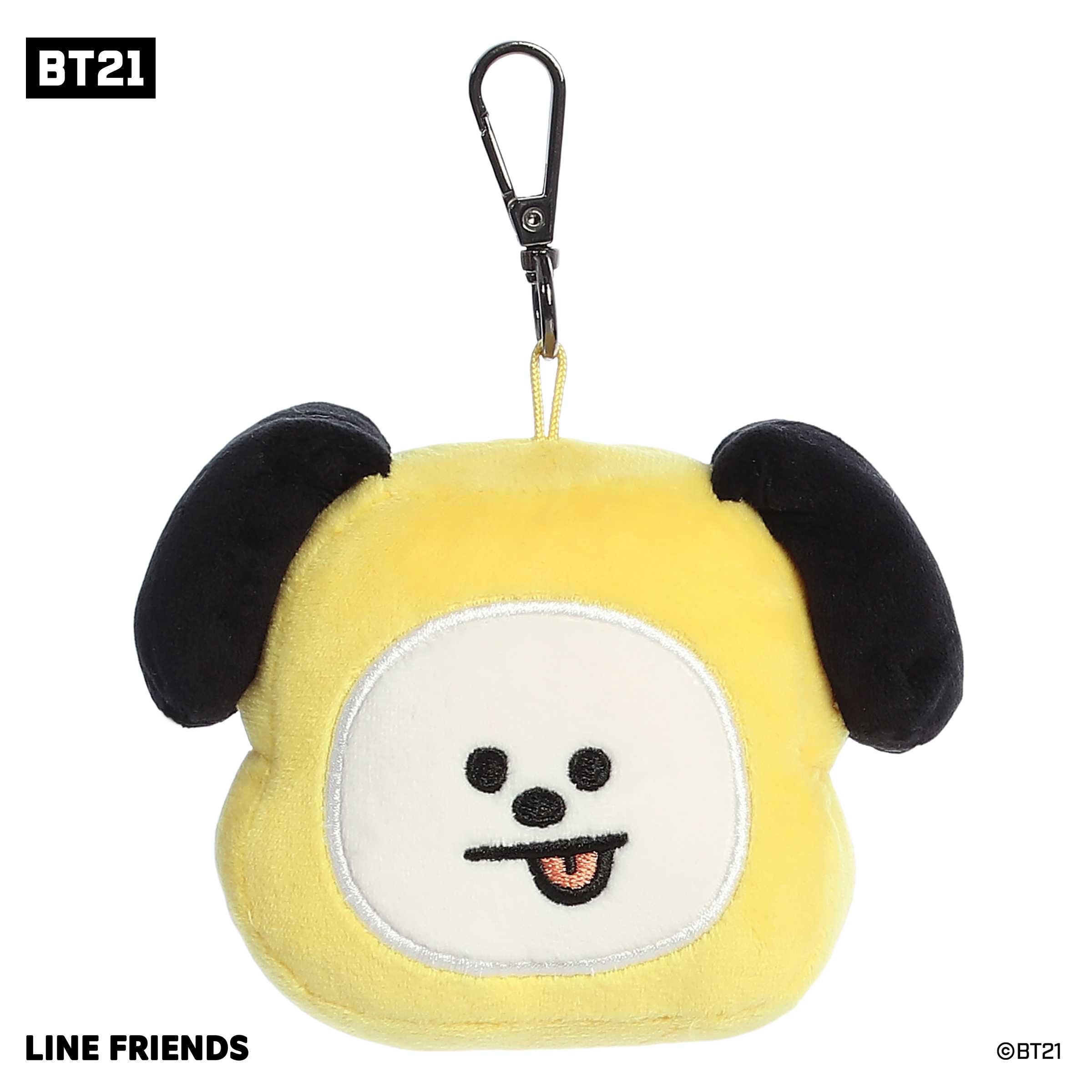 Cute BT21 plush Clip-On with a white and yellow soft body, black accents on face and ears, and an attached metal hook