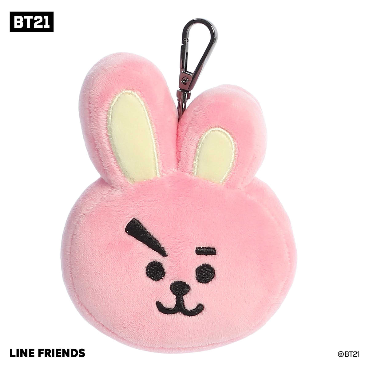 Cute BT21 plush Clip-On with a white and pink soft body, black accents on face, and an attached metal hook