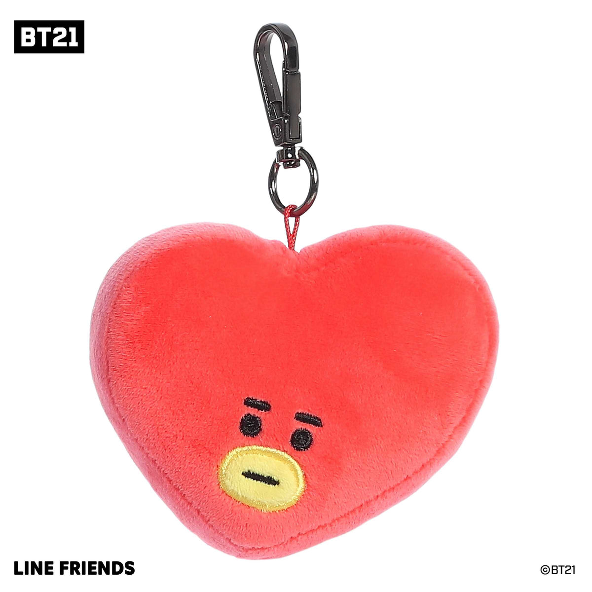 Trendy BT21 plush Clip-On with a heart-shaped red soft body, black and yellow accents on face, and an attached metal hook