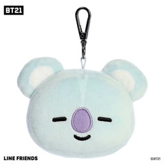 Trendy BT21 plush Clip-On with a light blue and white body, black and purple accents on face, and an attached metal hook