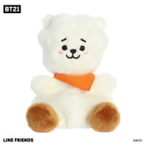 Cute mini BT21 plush toy with a fluffy white body, orange toes, wearing an orange scarf, and black accents on a smiling face