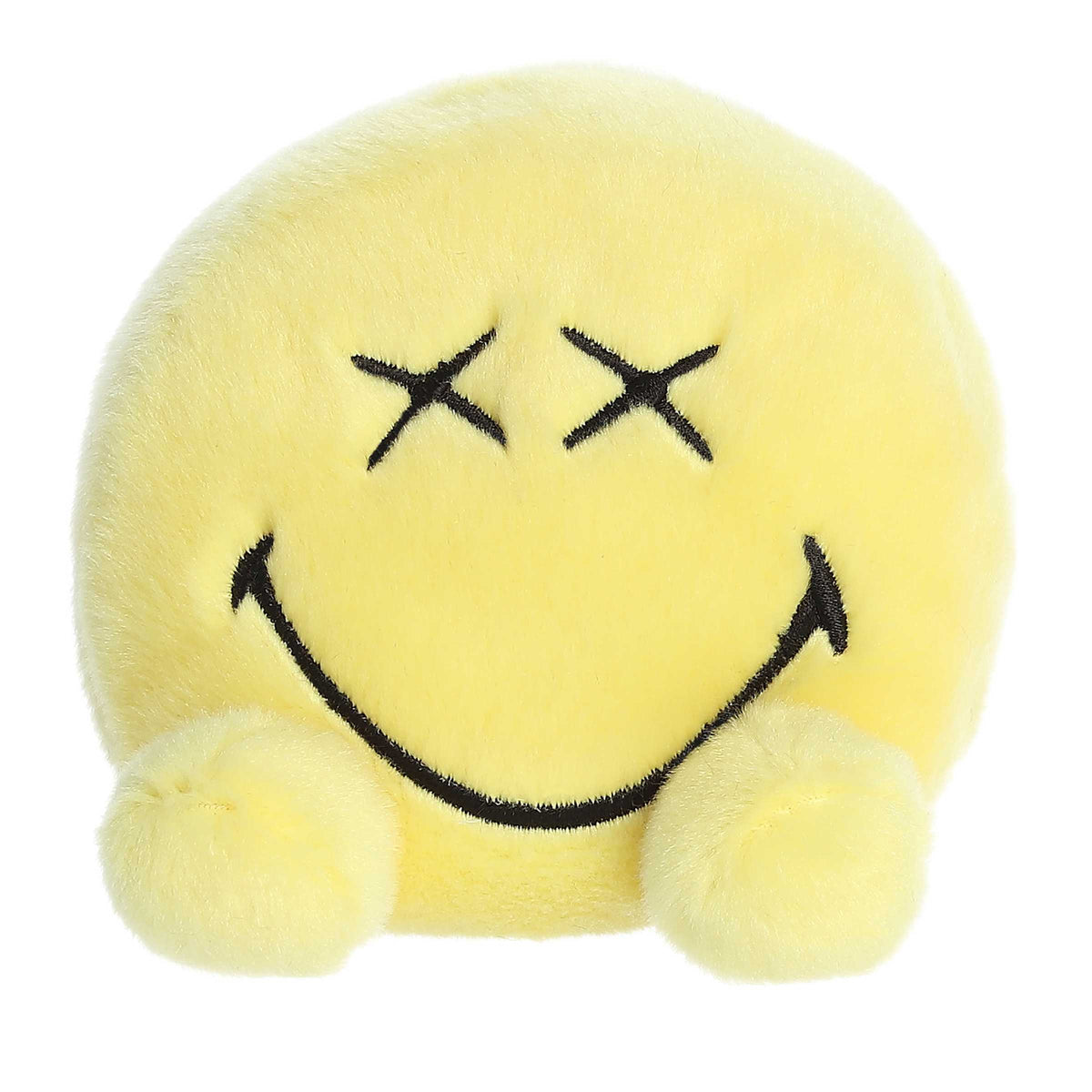 SmileyWorld Wild Guy plush, sunny yellow with Xs for eyes and a big smile, embodying pure happiness