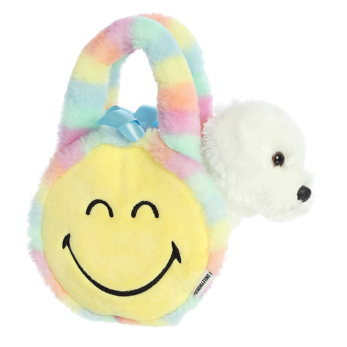 Pastel Rainbow SmileyWorld Plush Carrier, soft pastel smiley face with a detachable puppy