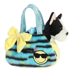 Shades SmileyWorld Plush Carrier, sporting sunglasses and a vibrant bow, with a panda plush