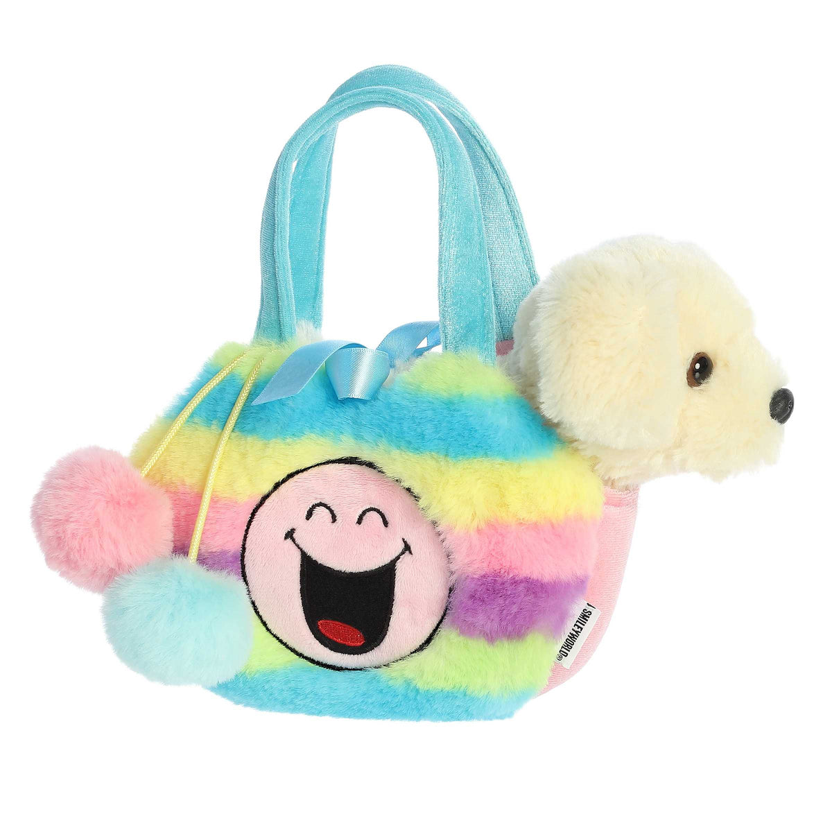 Rainbow SmileyWorld Plush Carrier, cheerful with a friendly smile and includes a fluffy puppy plush