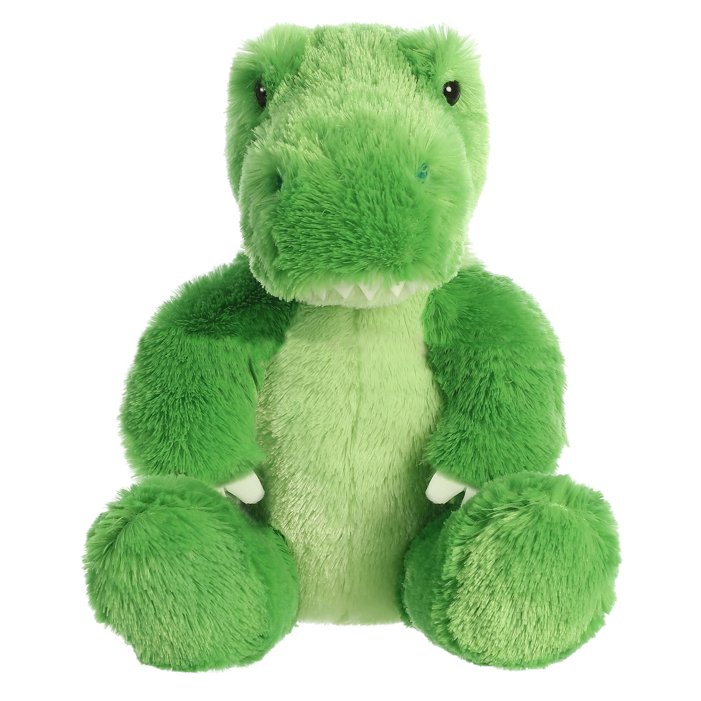 Aurora Prehistoric Pal T-Rex Plush in vibrant green with tiny arms and a big smile, perfect for play.