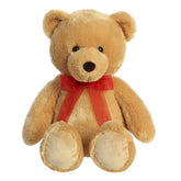 Valentine Bear stuffed animal with lustrous golden fur and a radiant red bow, a soft and heartfelt gift for Valentines