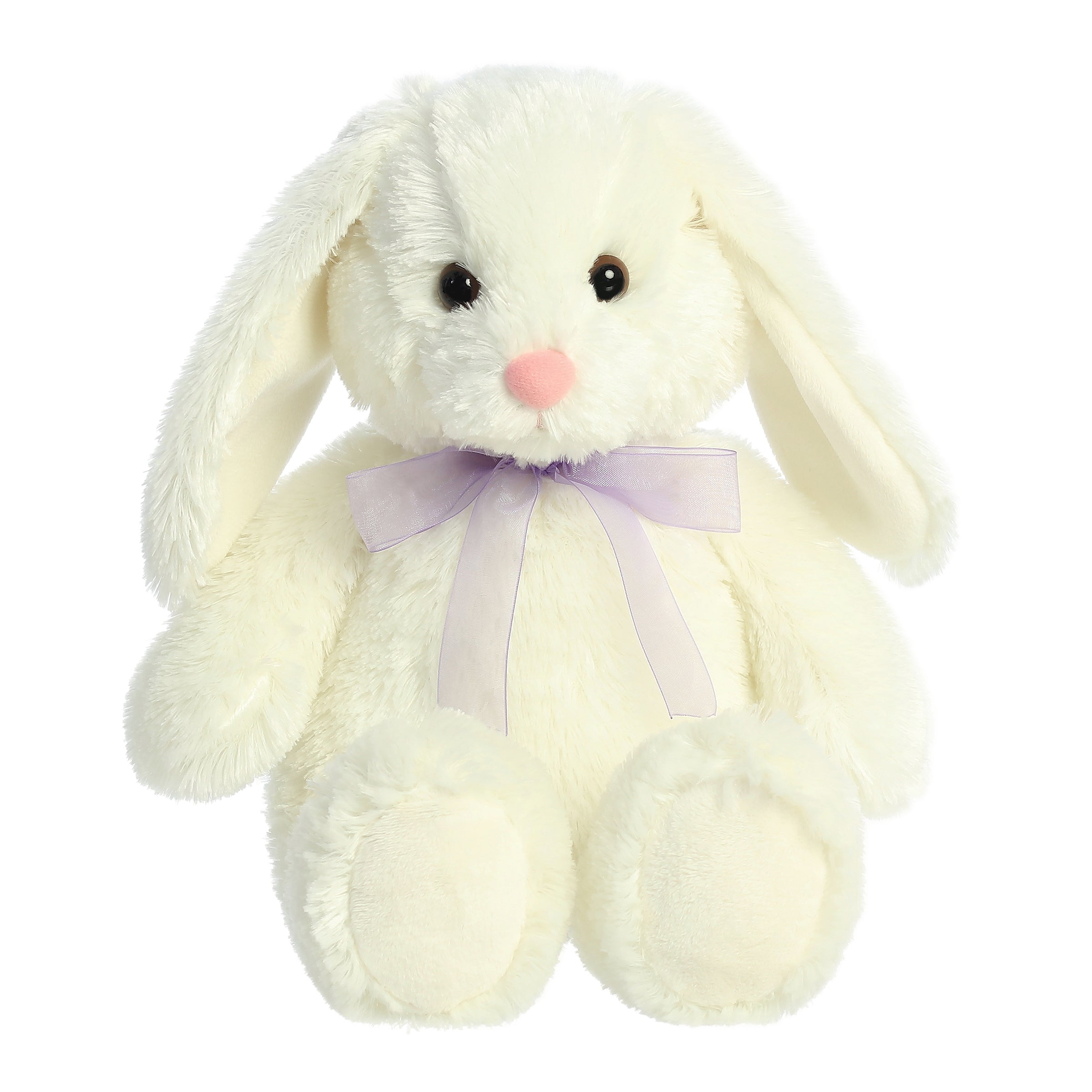 Aurora Spring Collection Plush Bunny, white fur, lavender bow, embodies spring joy!