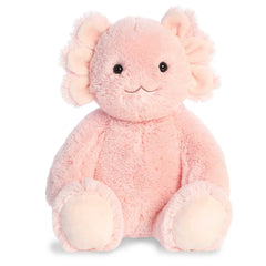 Aurora Axolotl Plush in plush pink fabric, smiling face, designed for cuddles and joy.