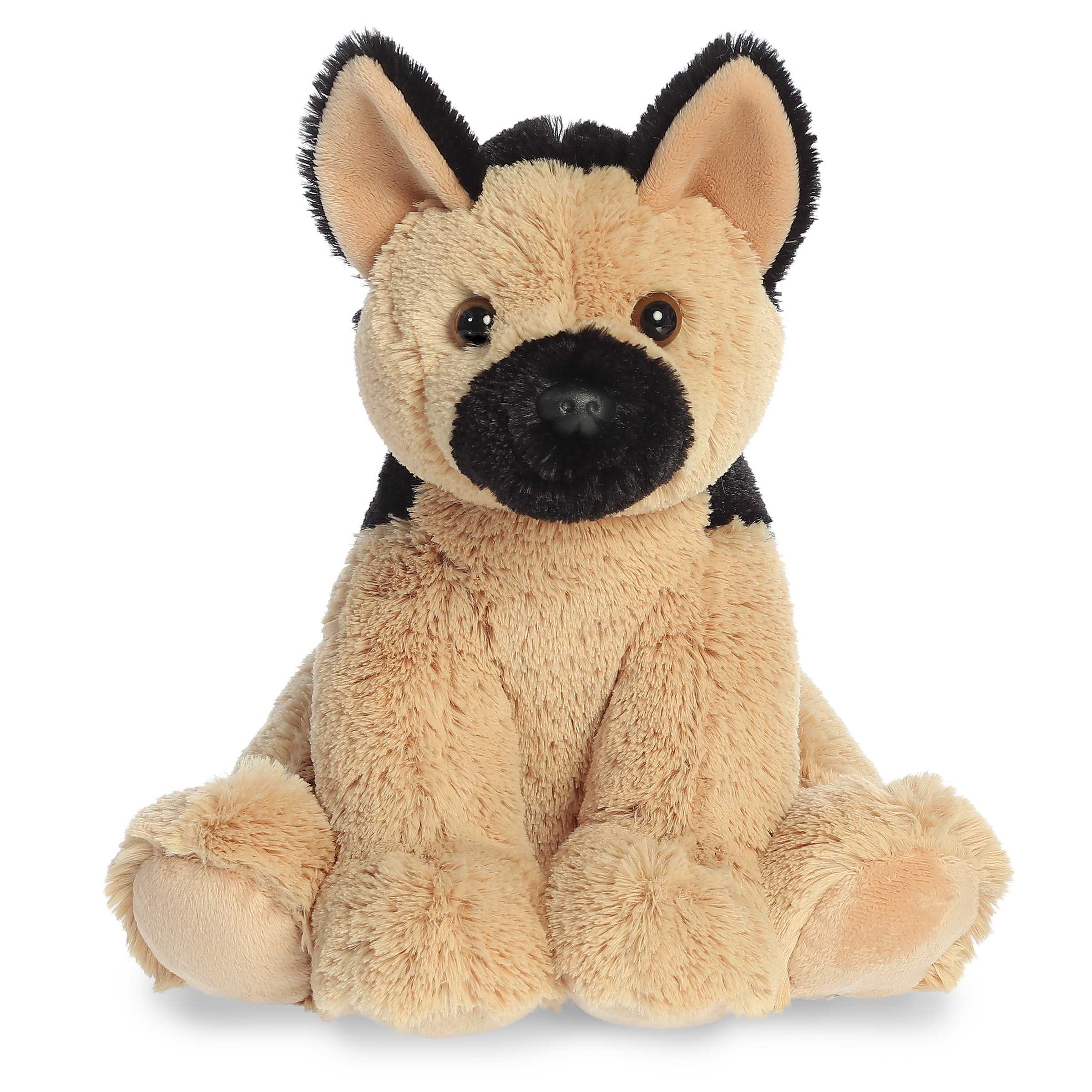 Aurora stuffed animal German Shepherd Plush with attentive eyes and black and tan coat.