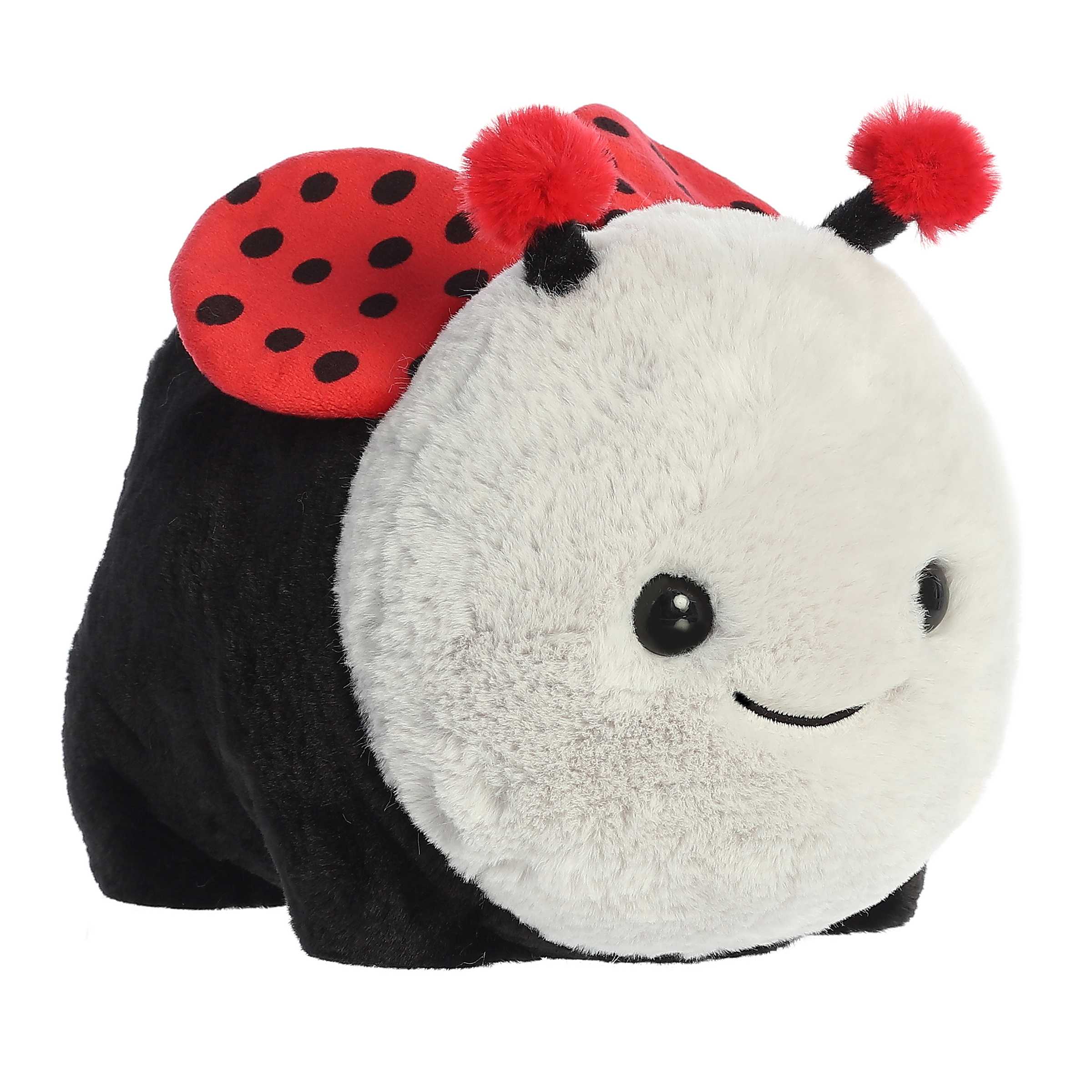 Ladybug plush from the Spudsters collection, featuring a black body, red wings with black spots, and a gray face.