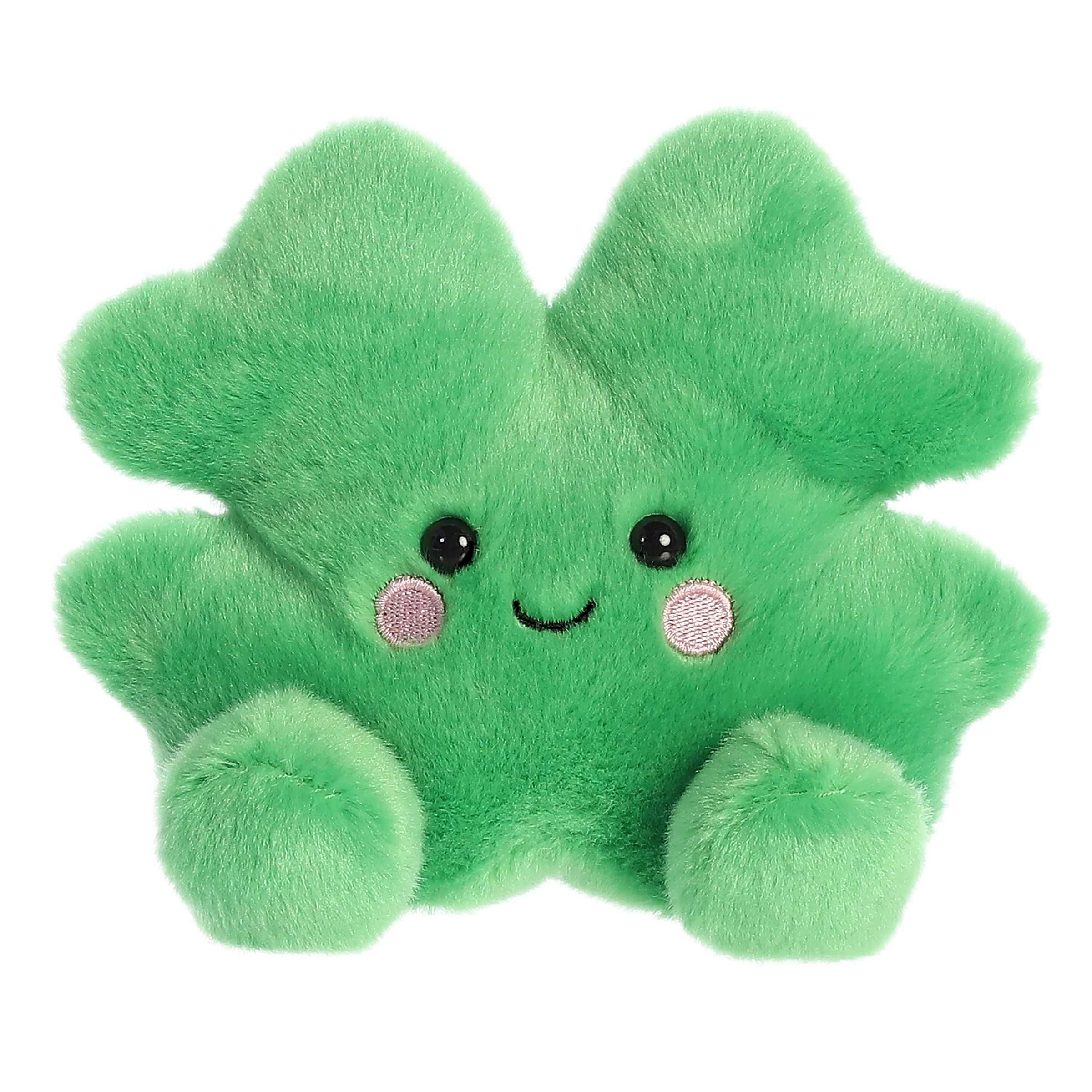 A blushing green four-leaf clover plush from Palm Pals represents hope, faith, love, and luck for endless adventures.