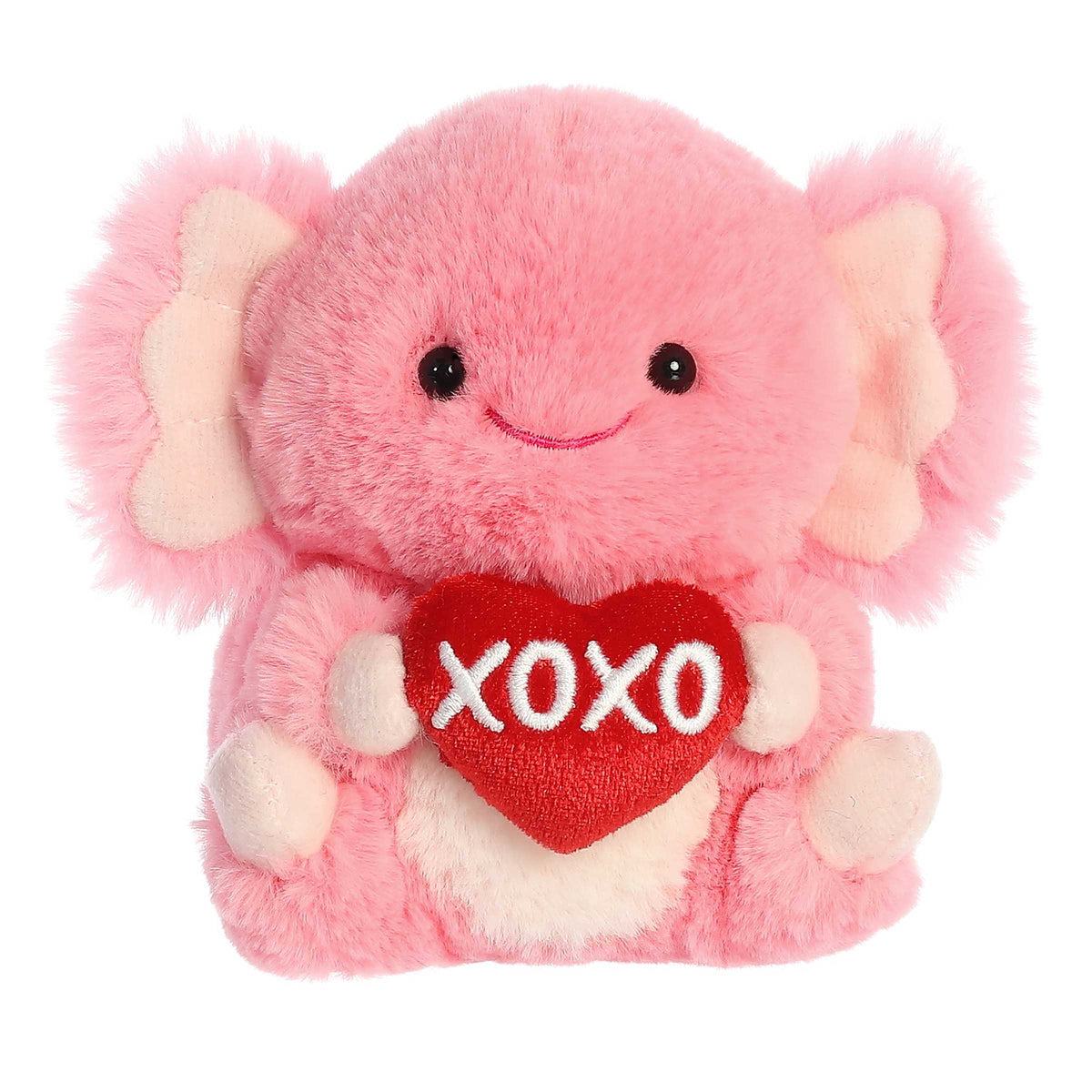 Adorable pink Axolotl plush from Rolly Pets, holding a ‘XOXO’ heart, ready for cuddles and Valentine's Day