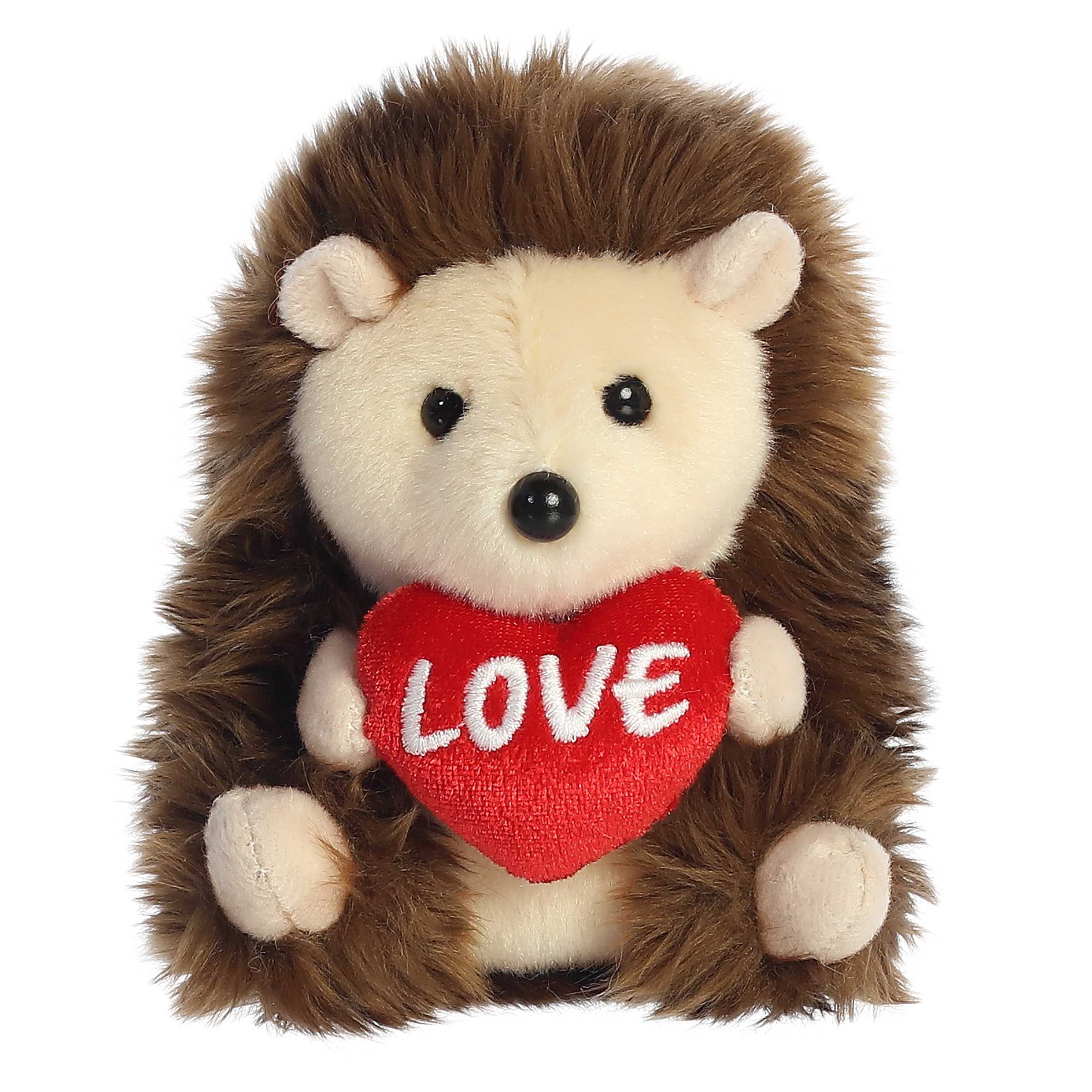 Earthy brown Hedgehog plush from Rolly Pets, holding a 'Love' heart, in its iconic, balanced pose, perfect for Valentine's!
