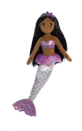 A silver-tailed mermaid plush toy from Sea Sparkles by Aurora with black hair and a lavender crown.