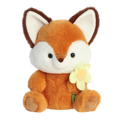 Fox plush from Aurora's Spring Collection, with plush orange fur, loving eyes, white underbelly, clutching a soft daisy
