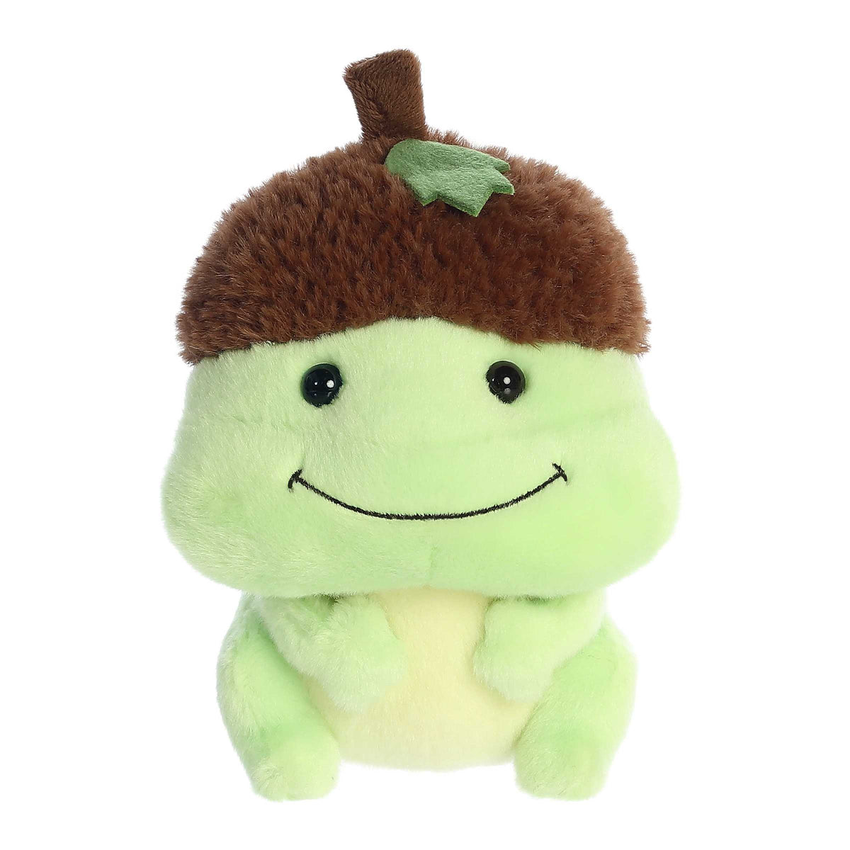 Life in a Nutshell Frog from Aurora's Spring Collection, with vibrant green color, big friendly smile, and unique acorn hat