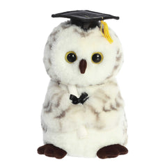 Smart Owl plush with white and gray soft plush from Aurora's Graduation collection, with a graduation cap and diploma.