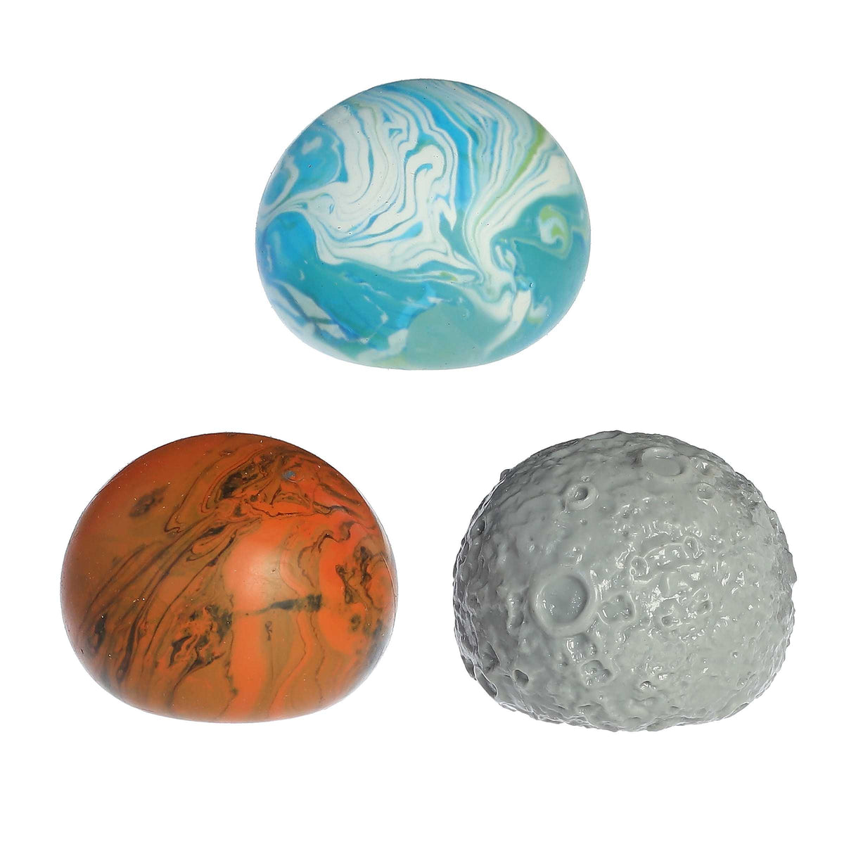 Earth, Mars + Moon Balls, planetary stress balls that offer a tactile way to learn about space and manage stress