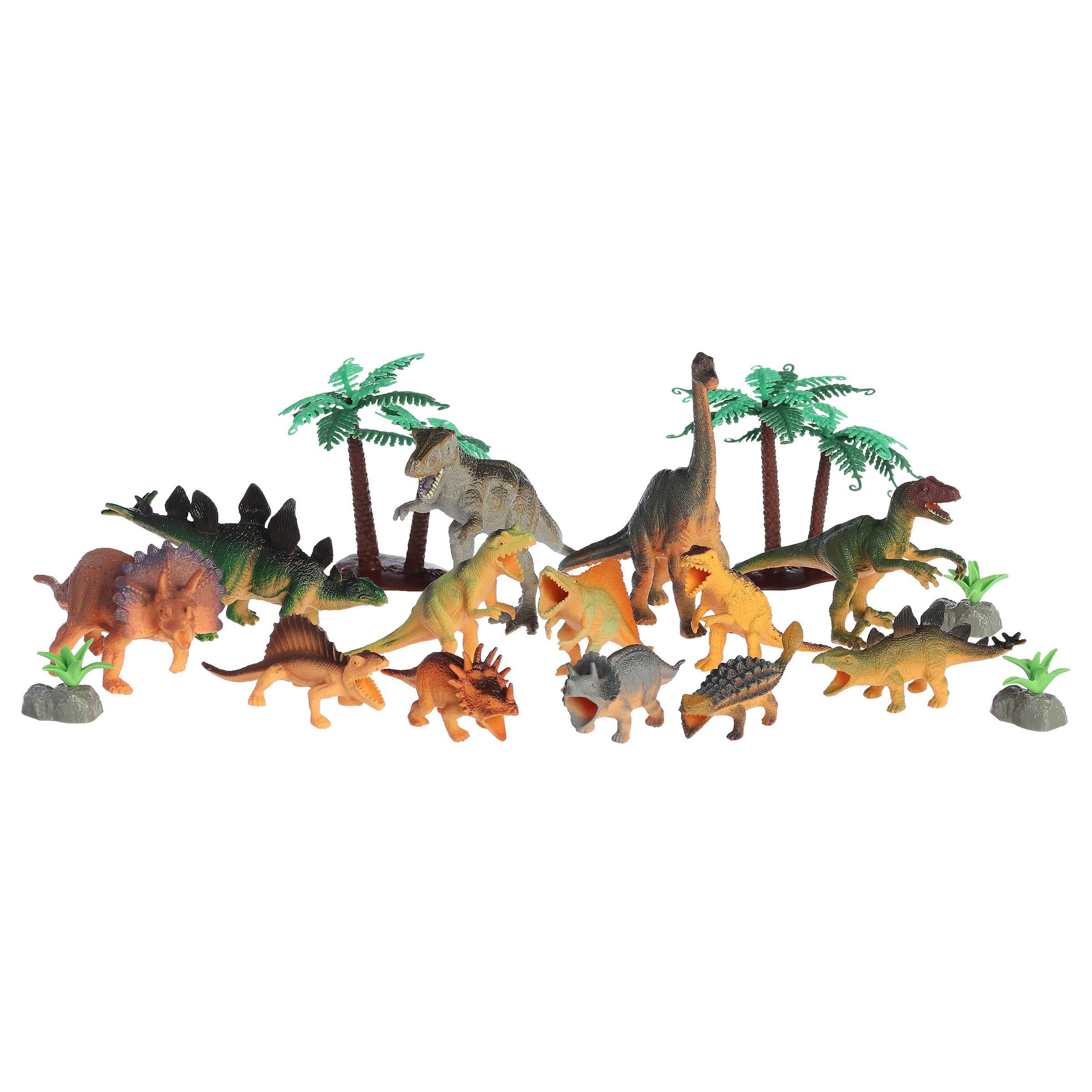 Dinosaur Play Set featuring 21 dinosaur figures and foliage, including a storage bag for easy organization.
