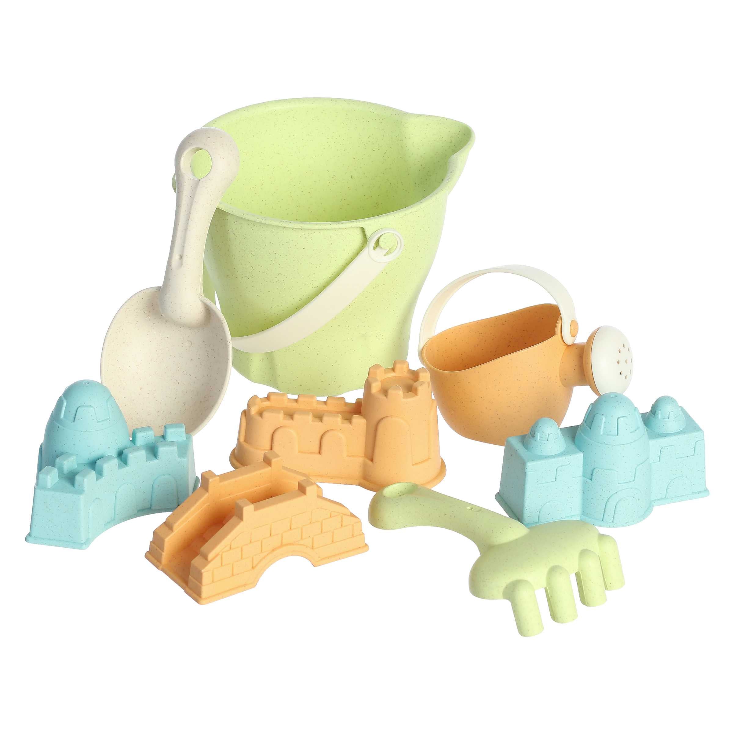 Eco-friendly small beach bucket set with tools, ideal for sustainable and imaginative beach play.