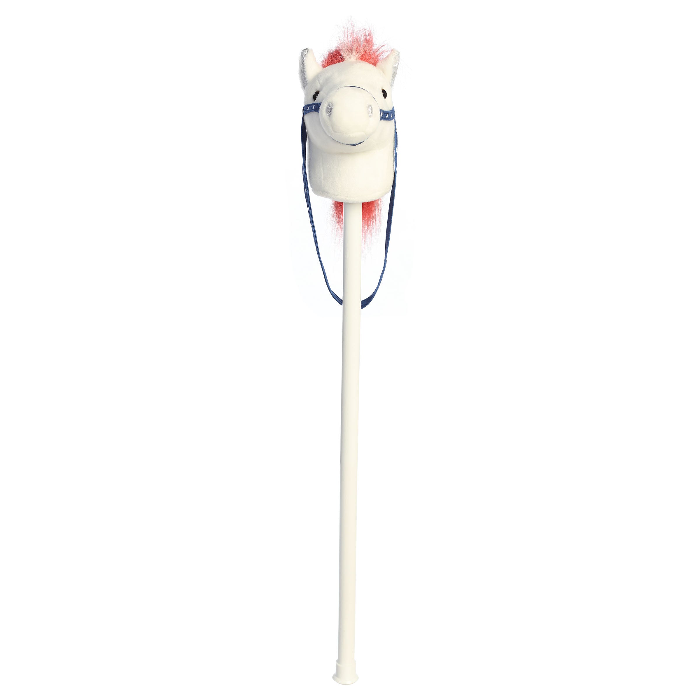 A patriotic plush hobby horse with a soft pony head and wooden stick from Aurora’s Giddy-Up Friends collection.