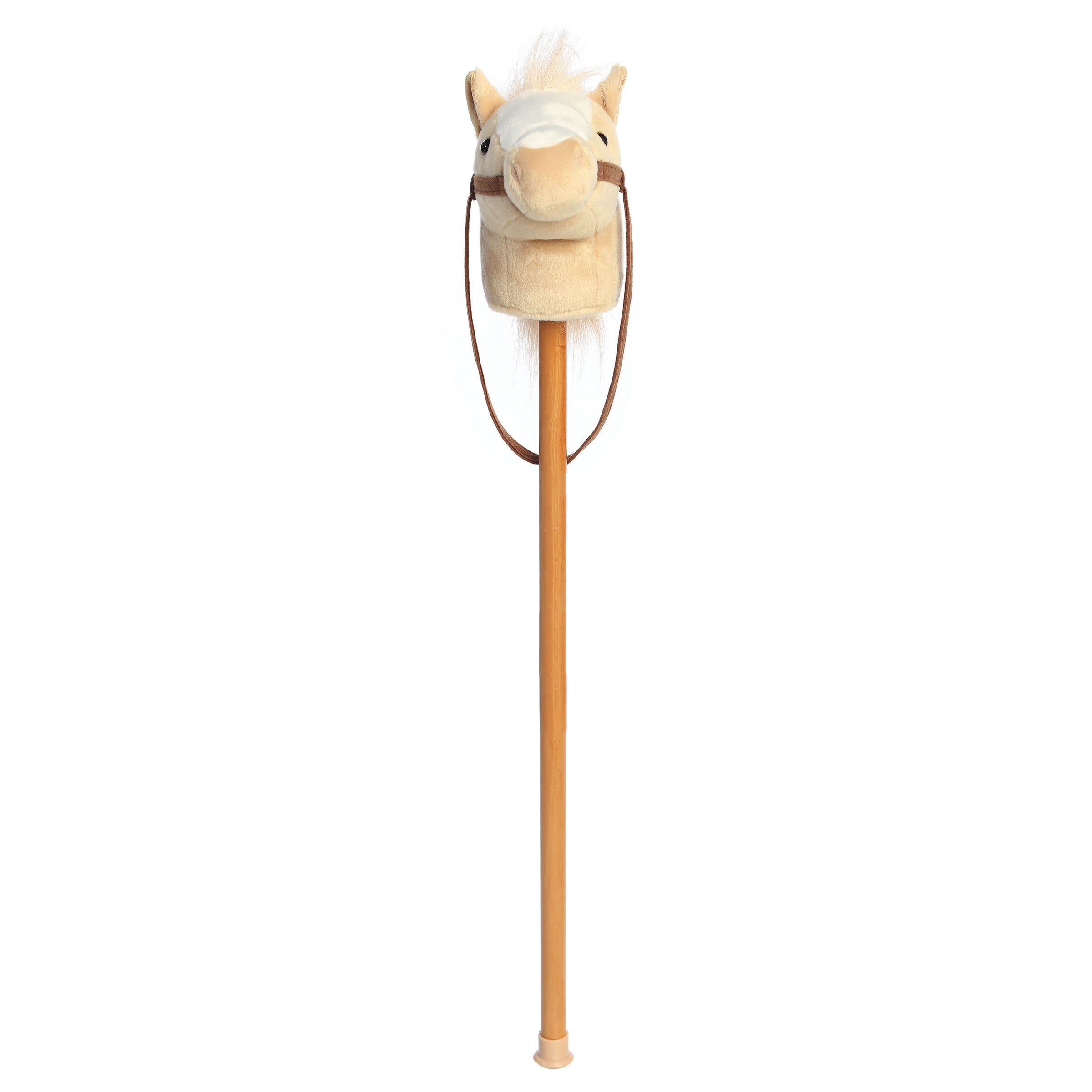 A palomino plush hobby horse with a soft golden horse head and wooden stick from Aurora’s Giddy-Up Friends collection.