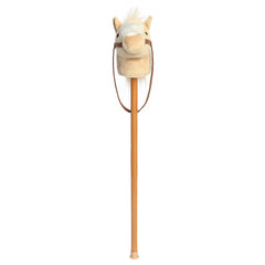 A palomino plush hobby horse with a soft golden horse head and wooden stick from Aurora’s Giddy-Up Friends collection.