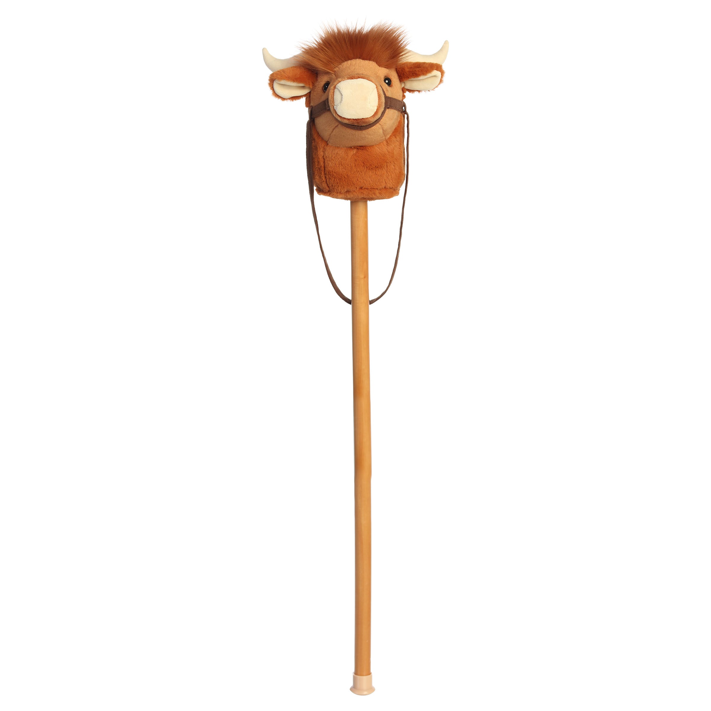 A Highland cow plush stick toy with a soft cow head and wooden stick from Aurora’s Giddy-Up Friends collection.