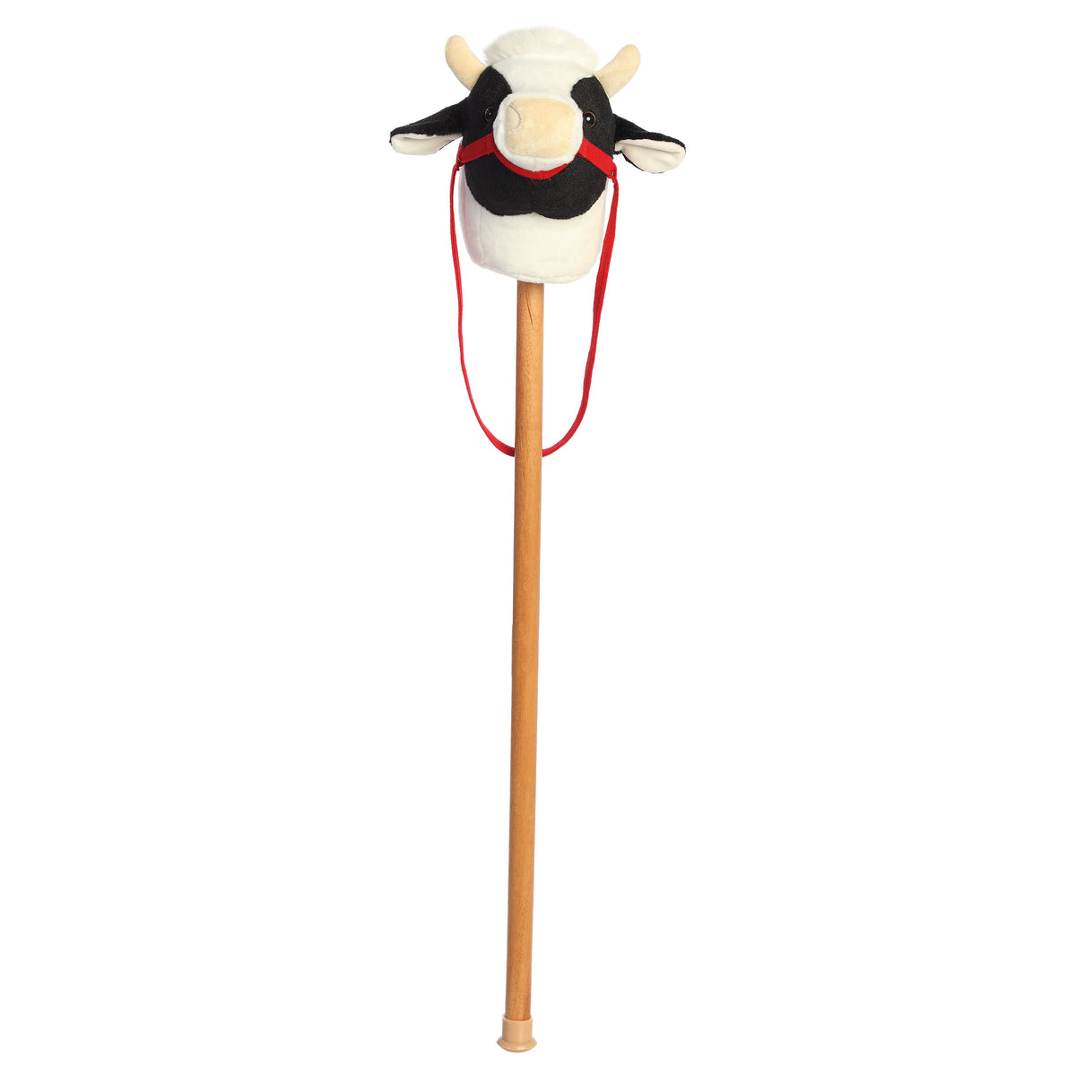 A spotted Holstein cow plush stick toy with a soft cow head and wooden stick from Aurora’s Giddy-Up Friends collection.