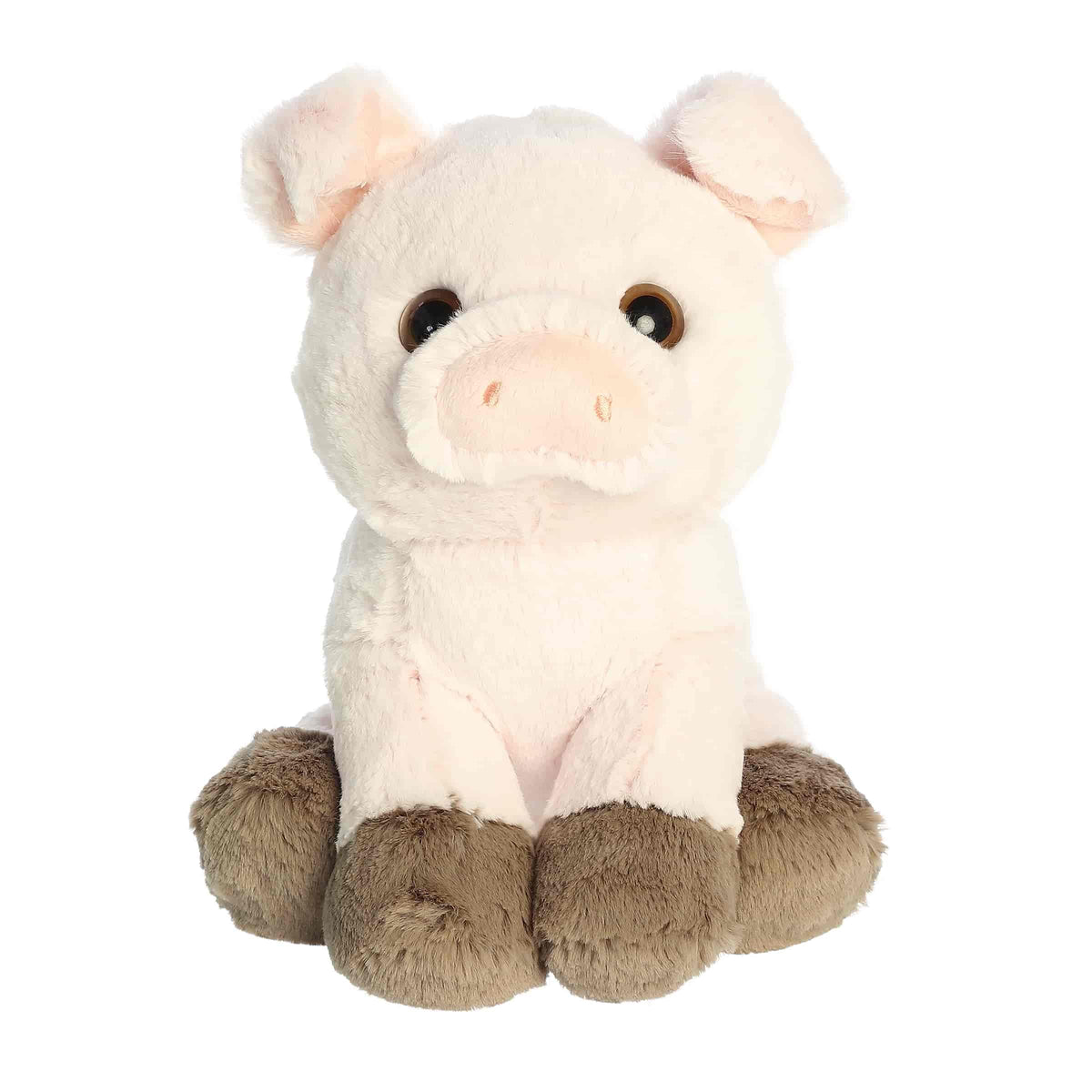 A soft pink plush pig with brown hooves and an upward gaze from Lil Dreamers by Aurora.