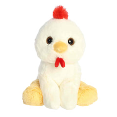 A soft white plush chicken with yellow wings and feet and a red comb from Lil Dreamers by Aurora.