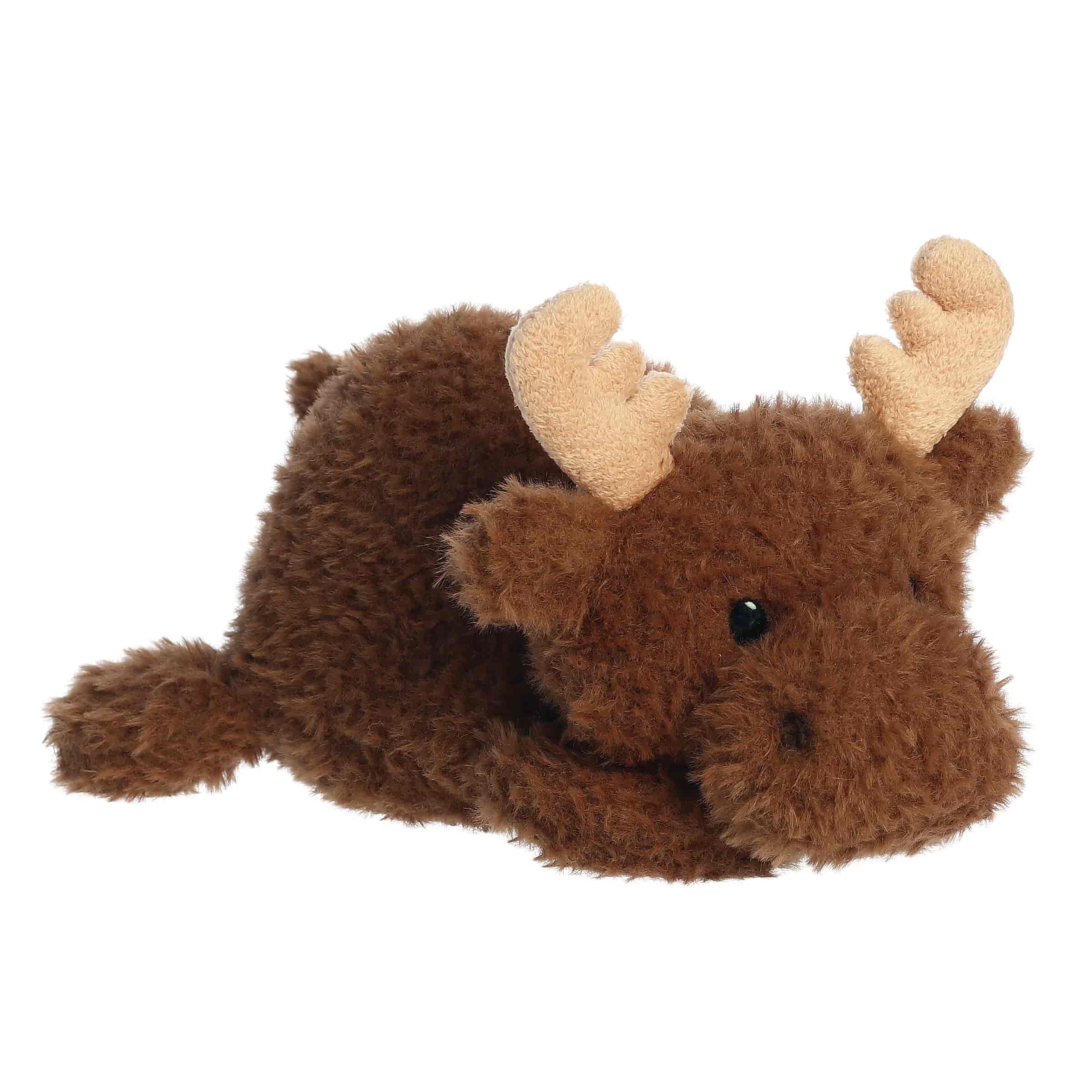 A soft brown plush moose with fuzzy fur, gentle antlers, and a plump body from Rumplers by Aurora plush.