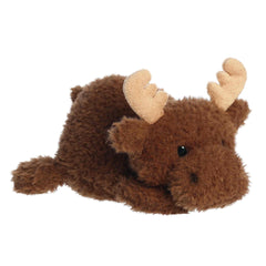 A soft brown plush moose with fuzzy fur, gentle antlers, and a plump body from Rumplers by Aurora plush.