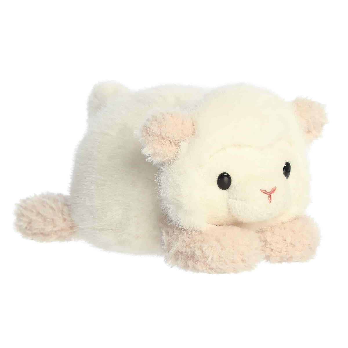 A soft cream plush lamb with fuzzy fur and a gentle expression from Rumplers by Aurora plush.