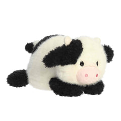 A soft black-and-white plush cow with a plump body and sweet expression from Rumplers by Aurora plush.