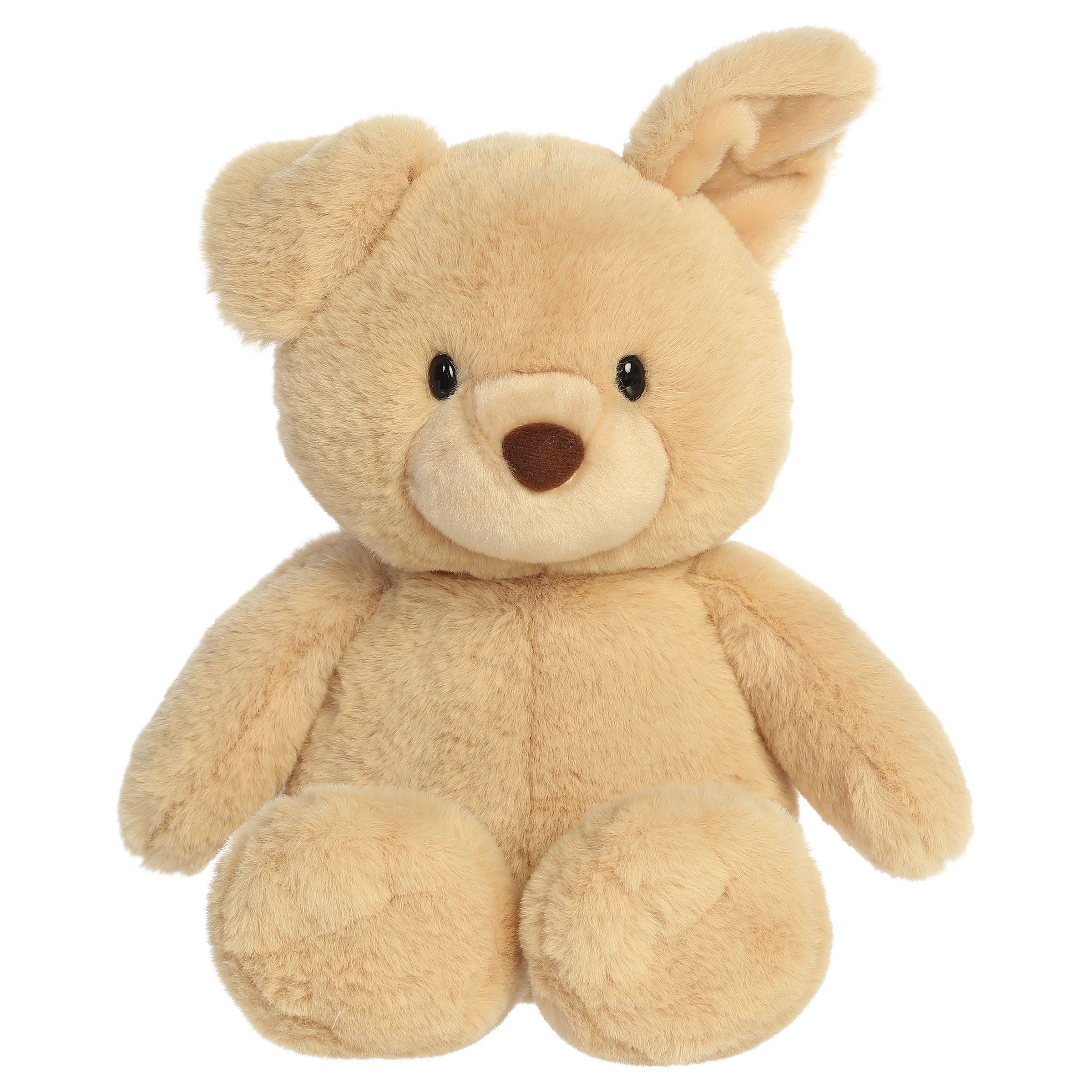 A yellow lab dog plush toy from Aurora with oversized stitched paws, silky fur, and a softly weighted body.