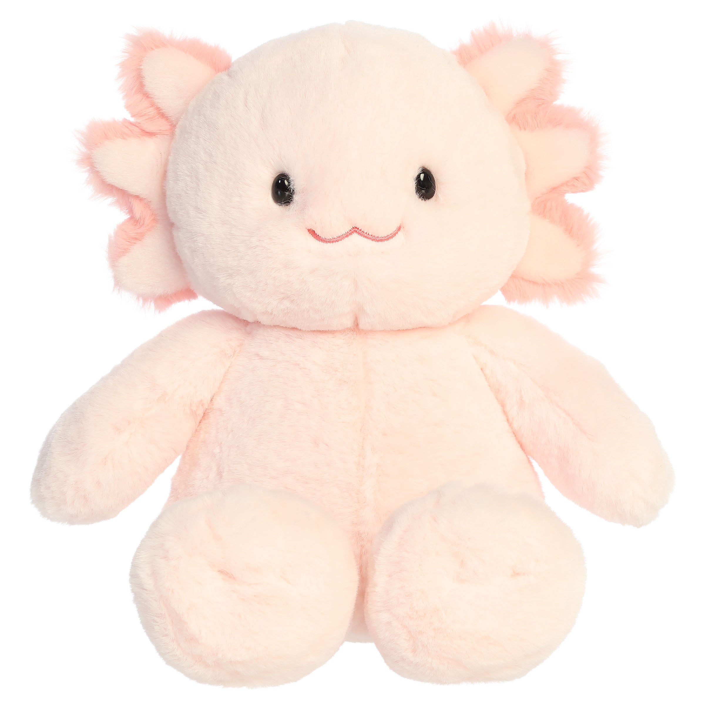 An axolotl plush toy from Aurora with oversized stitched paws, frilly gills, and a softly weighted body.