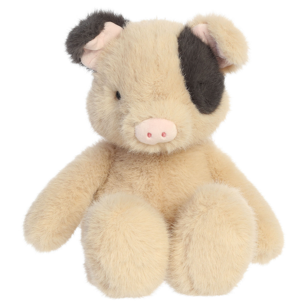 A pig plush toy from Aurora with beige fur, dark spotted accents, pink ears, and a softly weighted body.