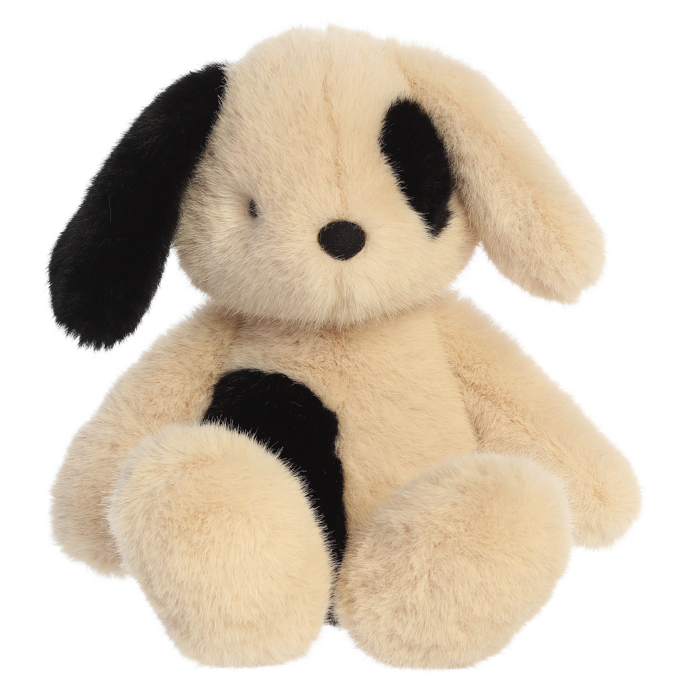 A dog plush toy from Aurora with floppy ears, cream fur, dark accents, and a softly weighted body.