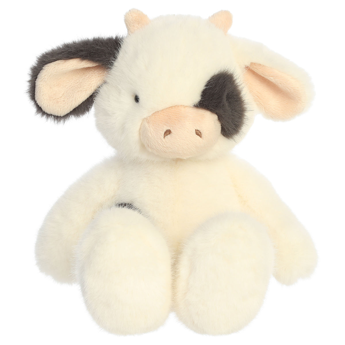 A cow plush toy from Aurora with eggshell fur, dark spotted accents, pink ears, and a softly weighted body.