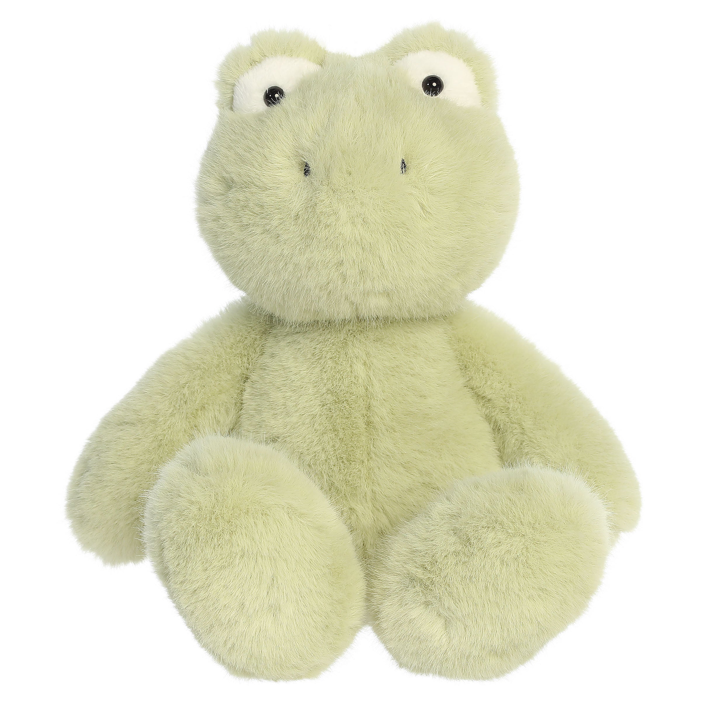 A frog plush toy from Aurora with pastel green fur and a softly weighted body.
