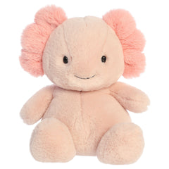 An axolotl plush toy from Aurora with frilly gills, tiny limbs, and a plump bean-weighted body.