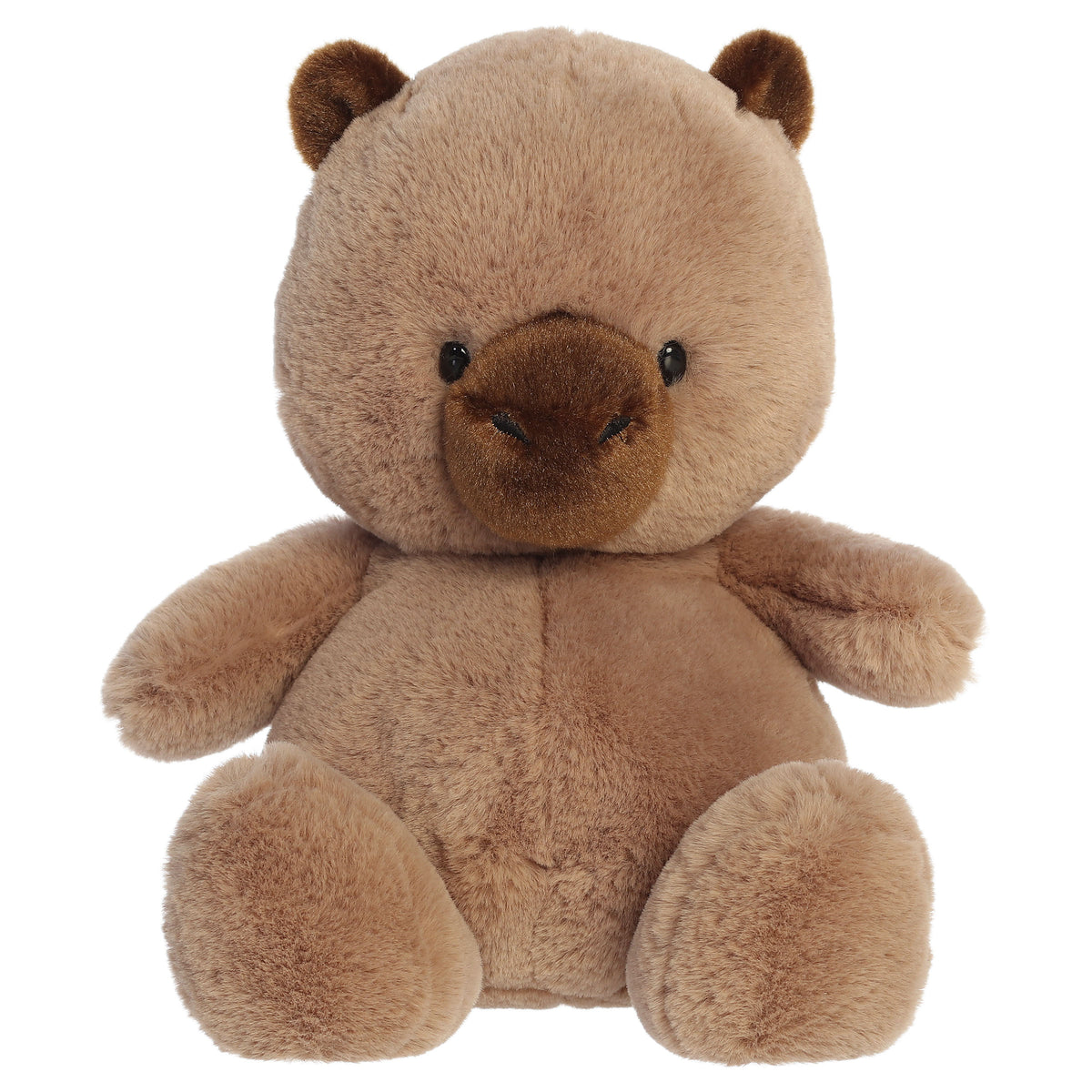 A capybara plush toy from Aurora with tiny limbs, brown fur, and a plump bean-weighted body.