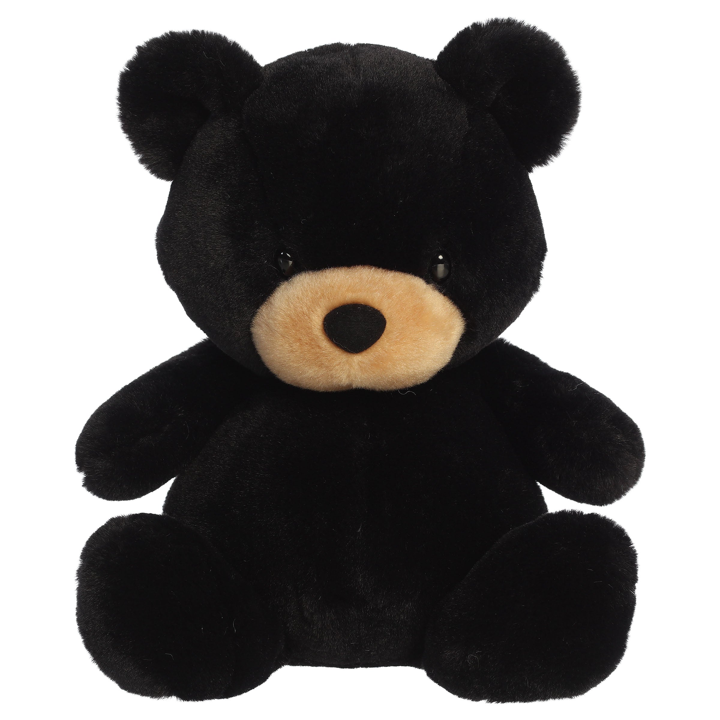 A black bear plush toy from Aurora with tiny limbs, black fur, and a plump bean-weighted body.