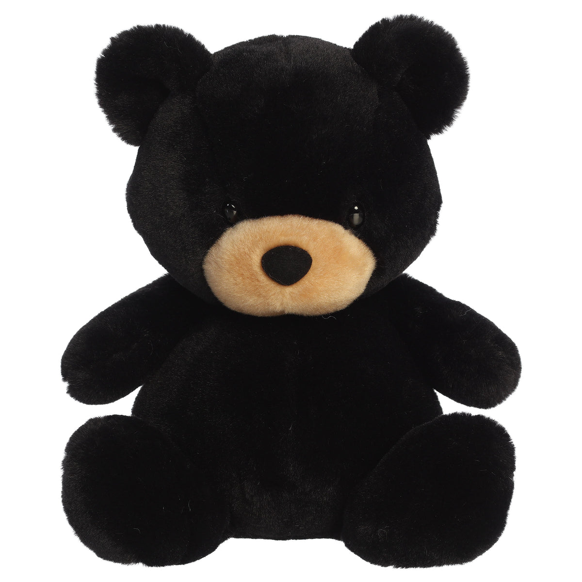 A black bear plush toy from Aurora with tiny limbs, black fur, and a plump bean-weighted body.