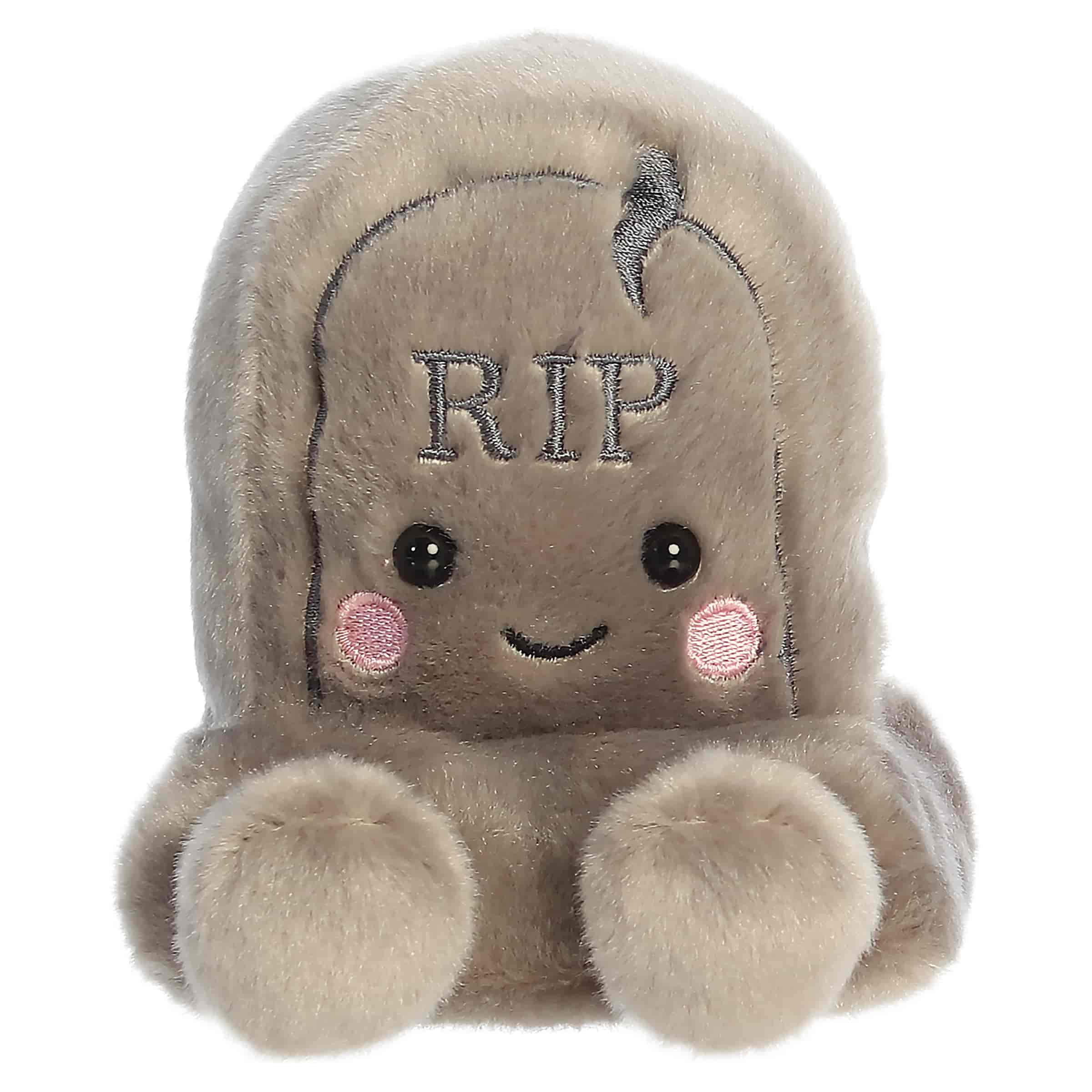 Gray tombstone plush with a sweet face and tiny resting feet