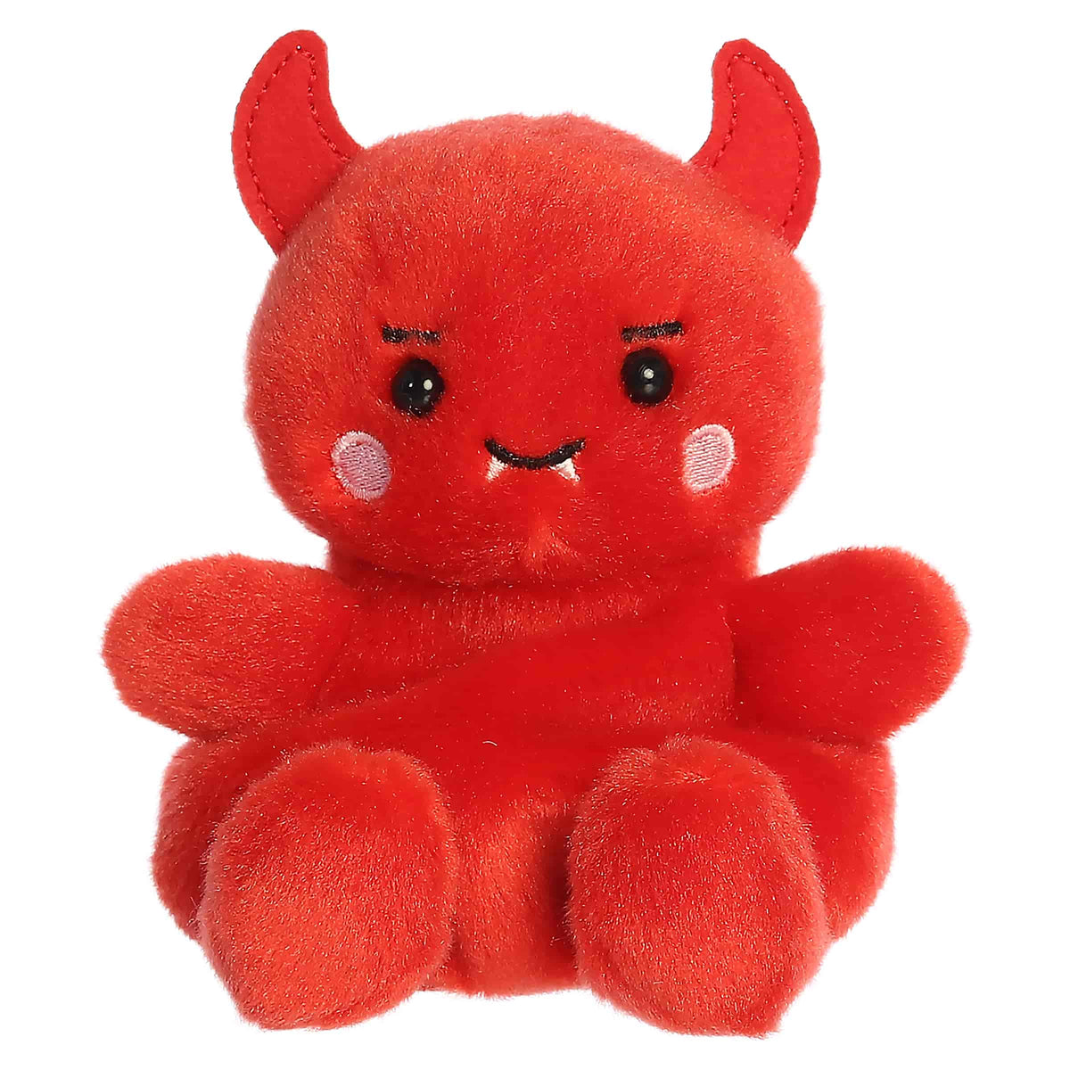 Red devil plush with tiny horns, a smile, and fits in the palm of your hand.