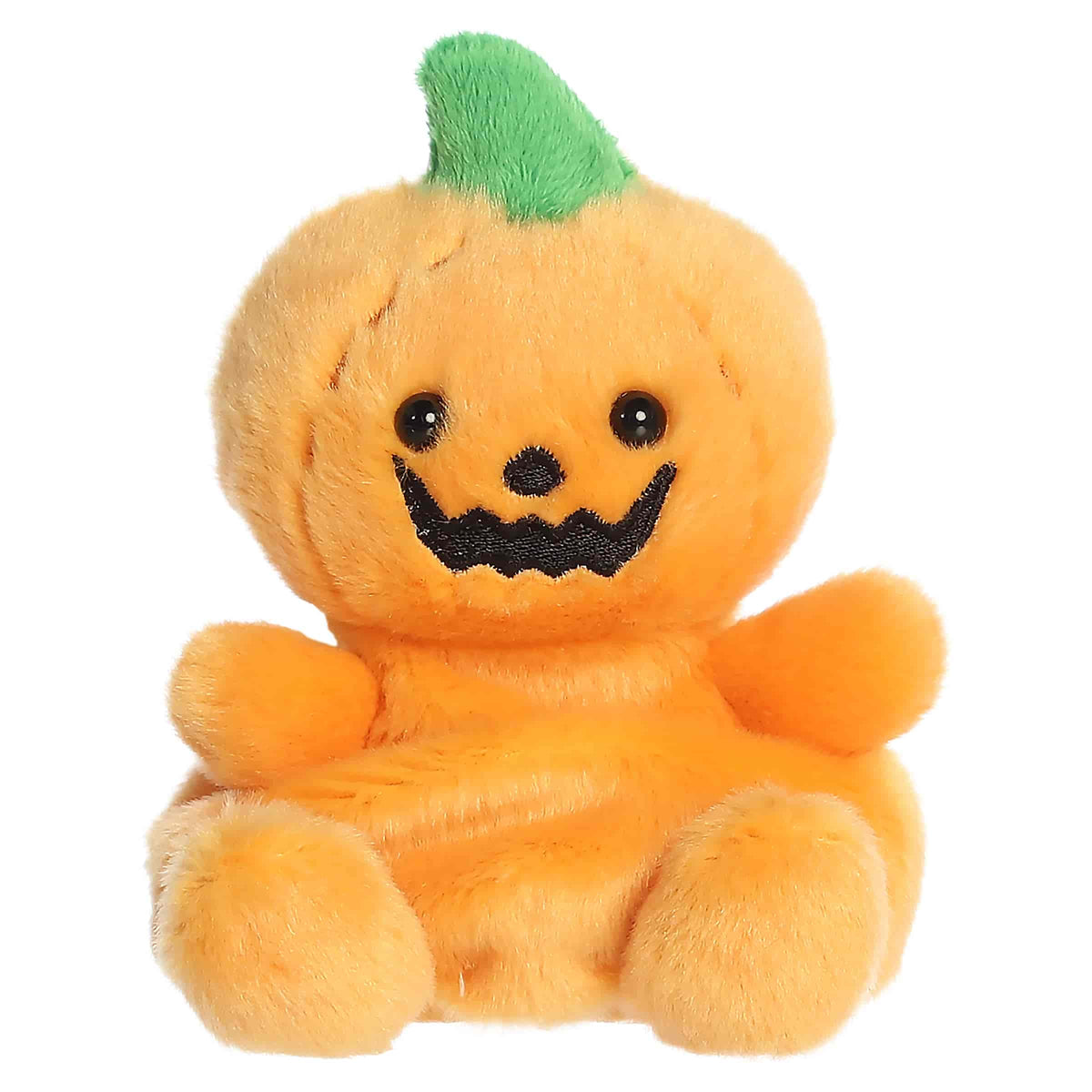Orange pumpkin head plush with a smiling jack-o'-lantern face
